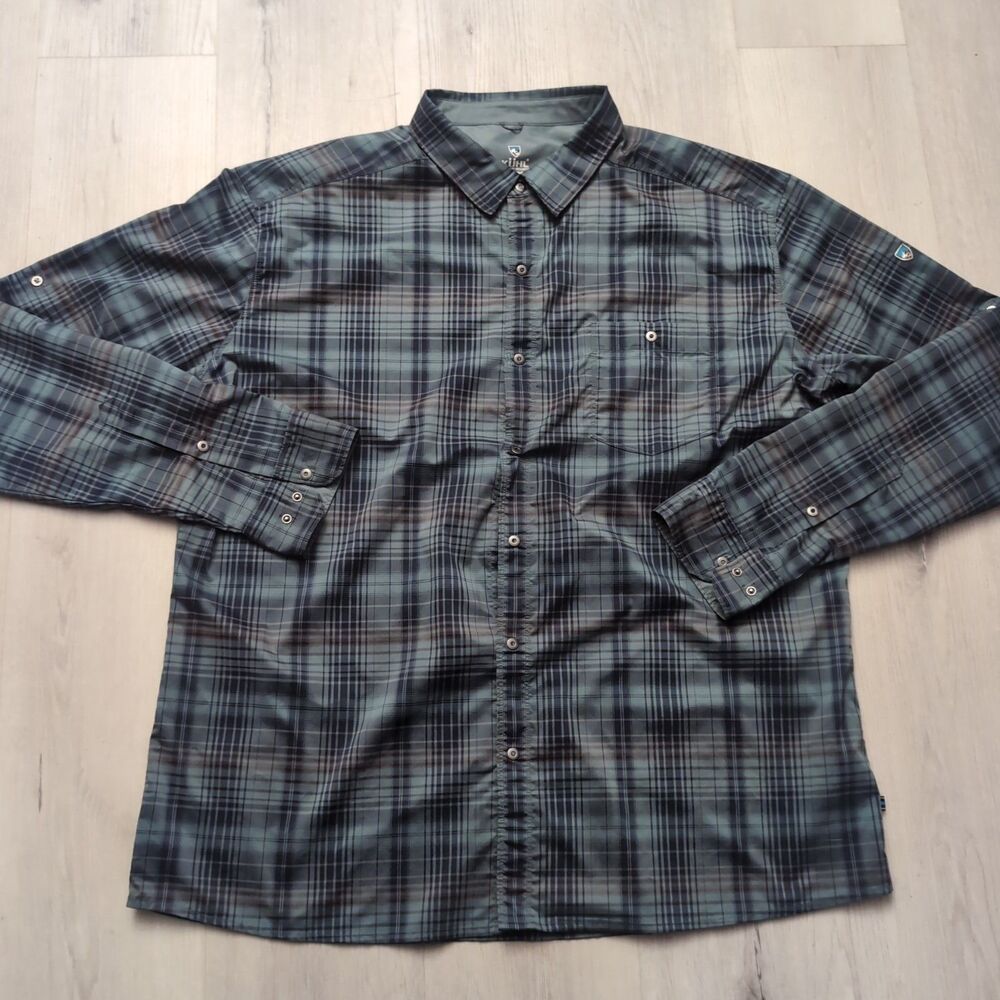 Kuhl Response Shirt Mens 2XL Gray Blue Red Plaid Button Hiking Quick Dry Stretch